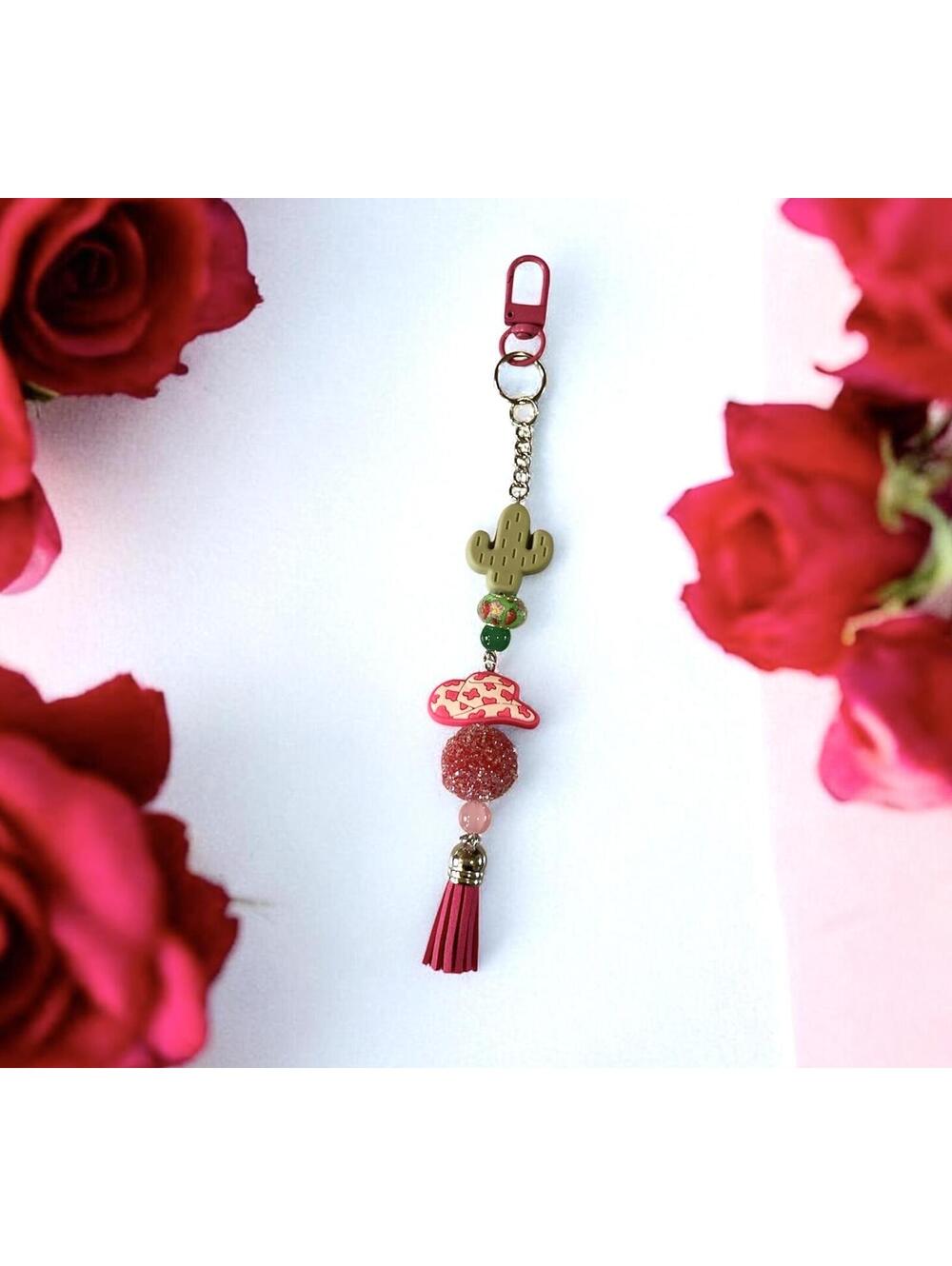394 New Handcrafted Cactus and Cowgirl Hat Keychain Bag Charm Hot Pink R0000394
